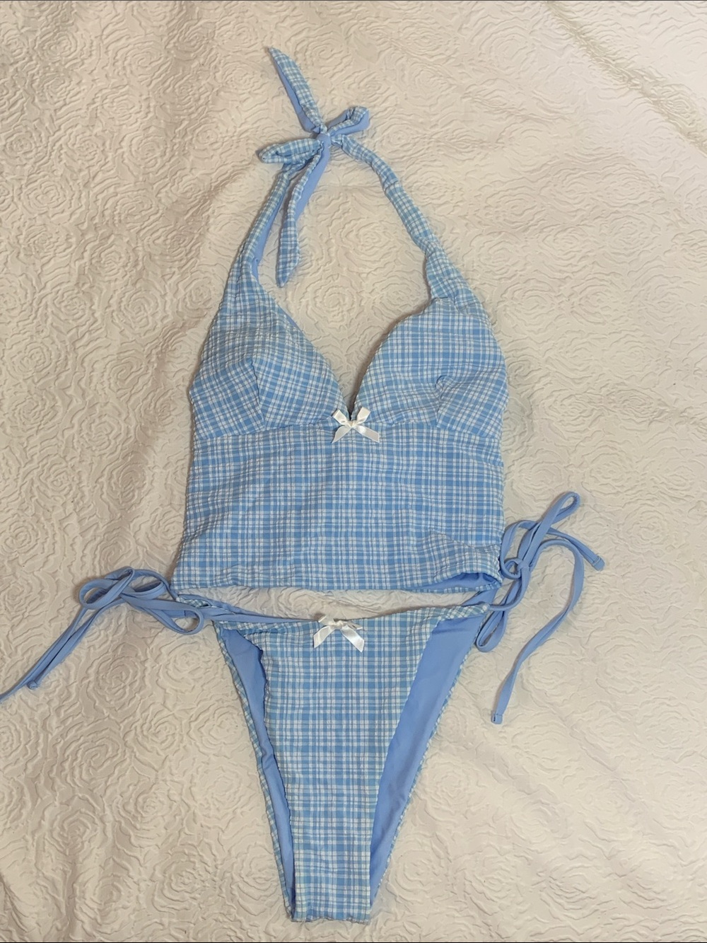 NWOT SAMIOL Light Blue Plaid Halter Bikini Set with Tie Sides, Size S